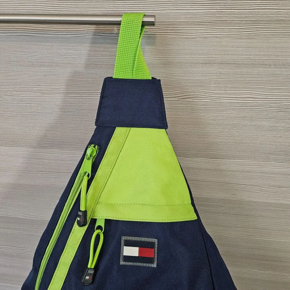 Tommy Hilfiger‎ Logo Blue Lime Green Crossbody Sling Ergo Bag Backpack Vintage